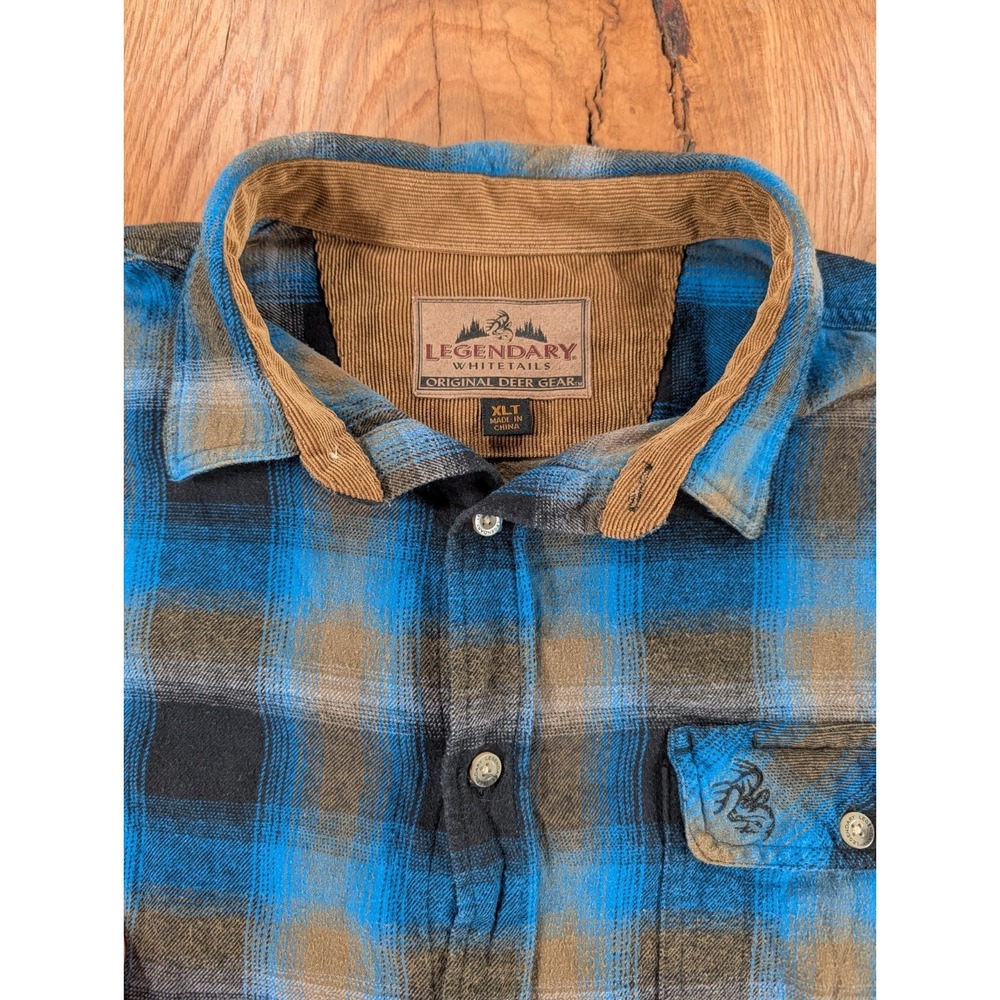 Legendary Whitetails Flannel Shirt Mens XL Blue Plaid Cotton Buck Chamois